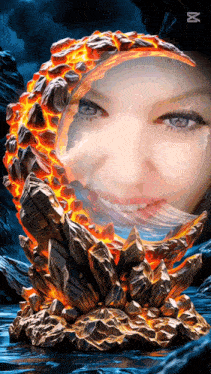 a woman 's face is behind a statue of lava and rocks