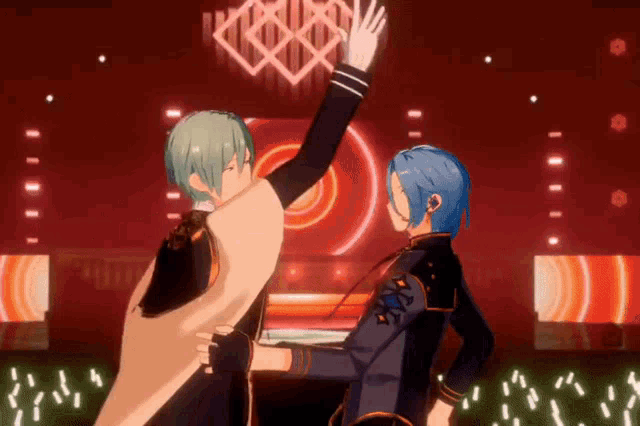 a couple of anime characters standing next to each other giving each other a high five