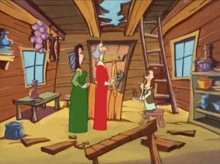 a cartoon of a man and two women in a room
