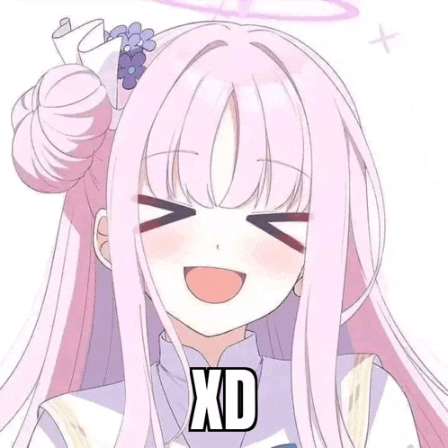 a girl with pink hair is smiling and has the word xd written next to her