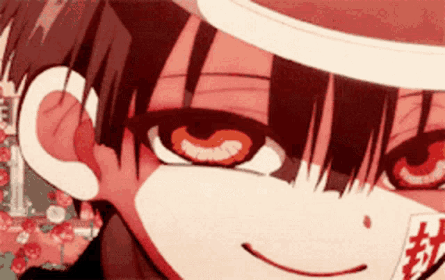 a close up of a anime character 's face with a hat on .
