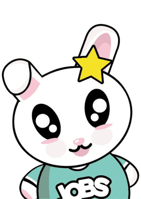 a cartoon rabbit with hearts in his eyes and a jobs shirt
