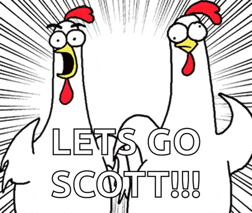 a cartoon of two chickens with the words let 's go scott
