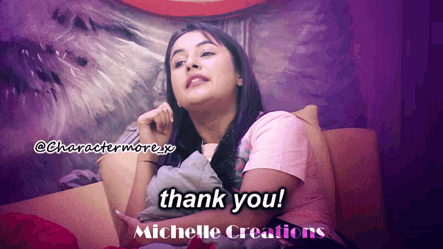 a woman sits on a couch with the words thank you michelle creations