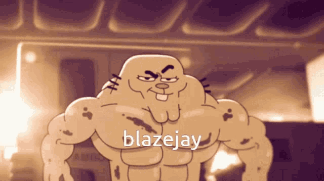 a cartoon character with the word blazejay written on his chest