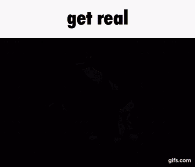 a cartoon bear is dancing in front of a crowd with the words " get real " on the bottom