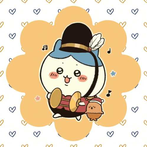 a cartoon drawing of a cat wearing a hat and holding a drum