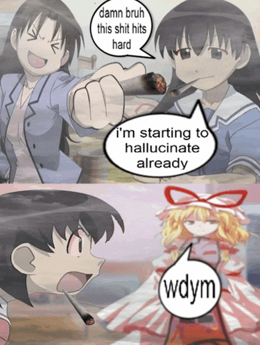 a cartoon of a girl smoking a cigarette with a speech bubble saying damn bruh this shit hits hard