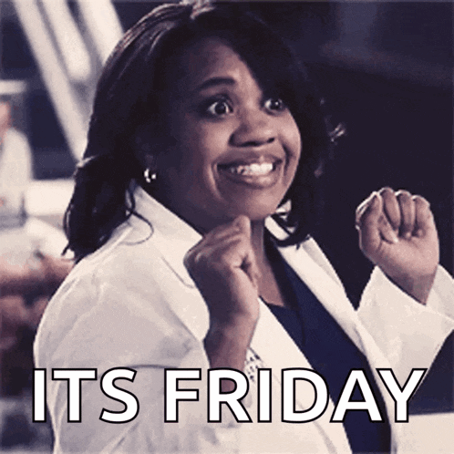 a woman in a lab coat is smiling with the words it 's friday above her