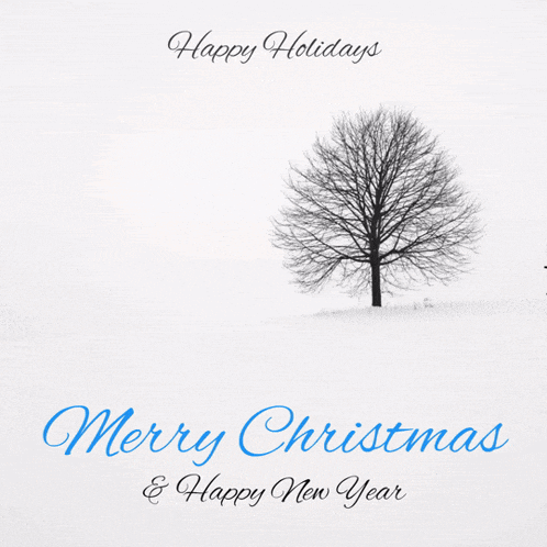 a merry christmas and happy new year card with a tree in the snow
