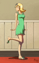 a cartoon of a woman in a green dress is standing on one leg .
