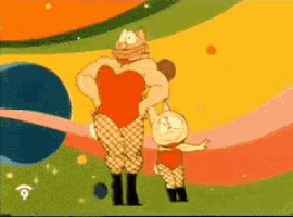 a cartoon character with a heart on his chest is standing next to a smaller character