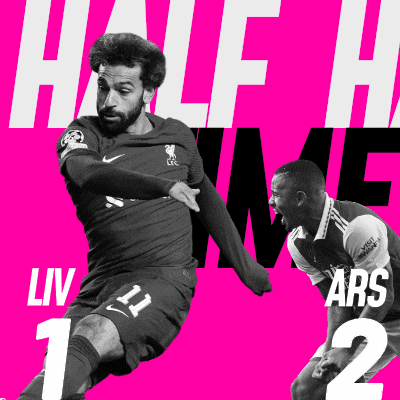 a black and white photo of two soccer players on a pink background that says half time
