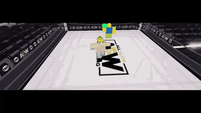 an aew wrestling ring with a roblox character laying on the floor