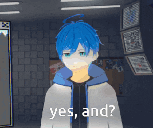 a blue haired anime character is asking yes and