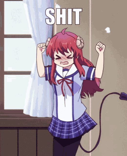 a girl with horns and a tail is standing in front of a window with the word shit above her