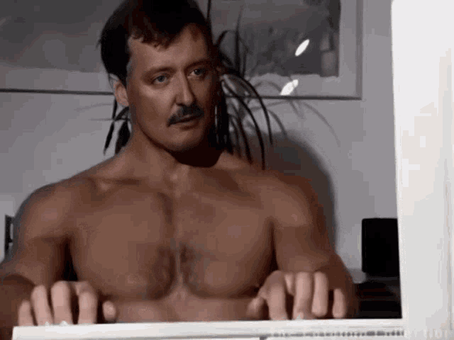 a shirtless man is typing on a laptop computer