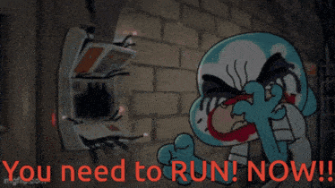 a cartoon character with orange eyes is screaming and says you need to run now