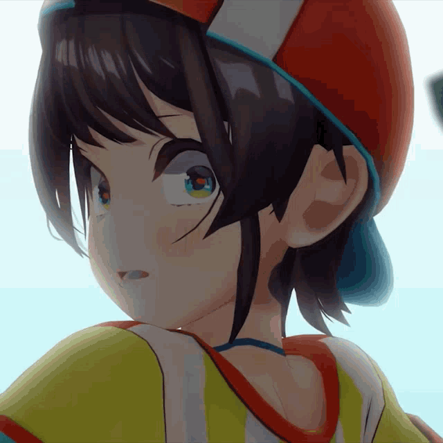 a close up of a girl wearing a red hat and yellow shirt