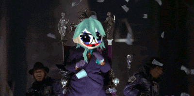 a cartoon of the joker is sitting on a throne with cards falling around him