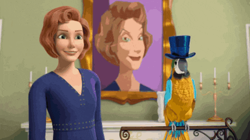 a woman and a parrot are standing in front of a painting of a woman