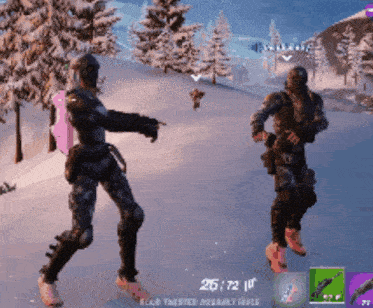 two soldiers are dancing in the snow in a video game called fortnite