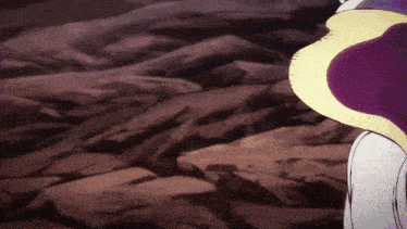 a person in a purple and yellow outfit is standing in a desert
