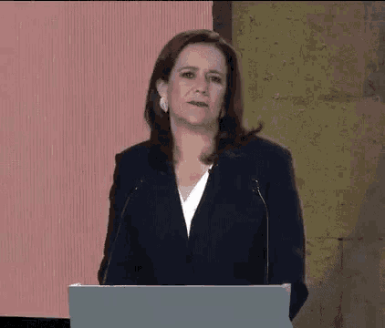 a woman is standing at a podium giving a speech in front of two microphones .