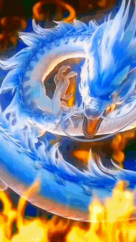 a blue and white dragon is surrounded by flames and water .