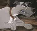 a cartoon dog with a collar is laying down on the ground with an angry look on his face .