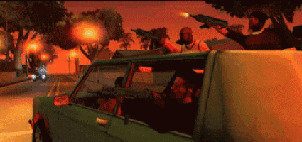 a video game shows a group of men holding guns in a car