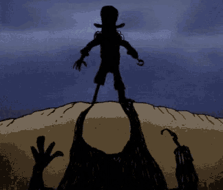 a silhouette of a person standing on a hill with lightning behind them