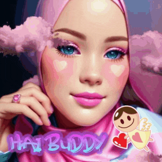 a woman wearing a pink hijab with the words hai buddy written on it