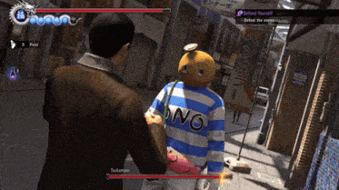 a video game screen shows a man in a blue and white striped shirt that says " defend yourself "