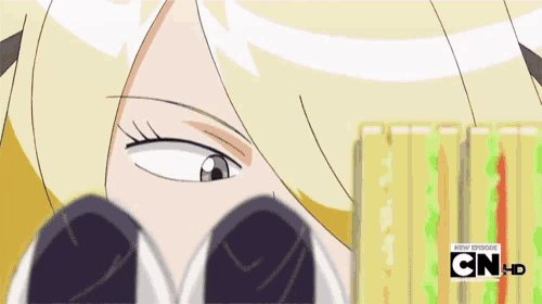 a cartoon of a girl looking at a sandwich with cn hd written on the bottom