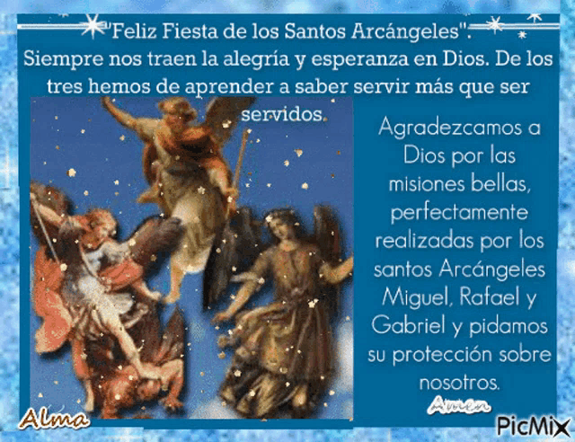 a picture of angels with the words " feliz fiesta de los santos arcangeles " on it
