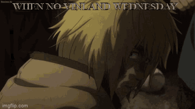 a gif of a man with the words " when no vinland wednesday "