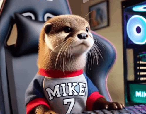 an otter wearing a mike 7 jersey sits at a computer