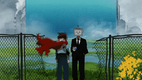 a man with a tv on his head stands next to a girl