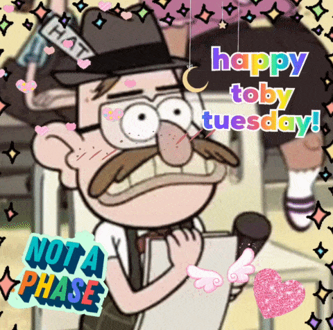 a cartoon of a man with a mustache is holding a microphone and says happy toby tuesday
