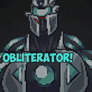 a pixel art of a robot with the words obliterator written on it