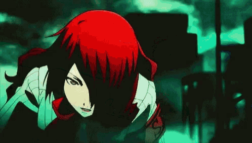 a girl with red hair and black eyes is standing in a dark room with a green background .