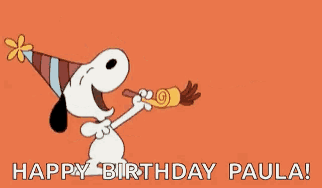 a cartoon of snoopy blowing a party horn and saying happy birthday paula .