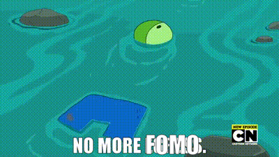 a cartoon character is swimming in the water with the words `` no more fomo '' written below him .