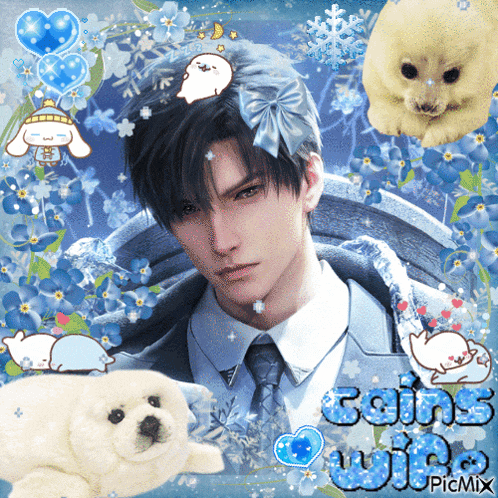 a man in a suit and tie is surrounded by stuffed animals and flowers and says coins win