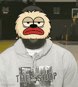 a man wearing a hoodie that says the shop has a cartoon character on his face