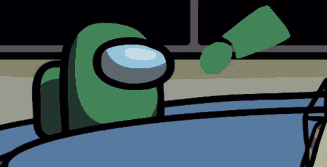 a cartoon character named among us is sitting in a room