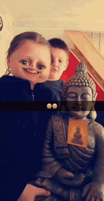 a little girl is holding a statue of a buddha with a tag on it that says ' meditation '