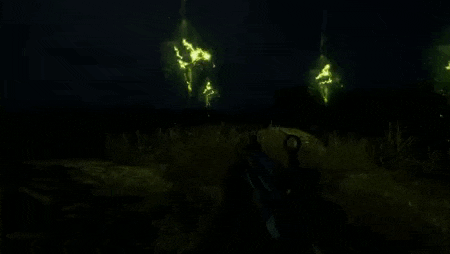 a person is holding a gun in a dark forest with glowing trees .