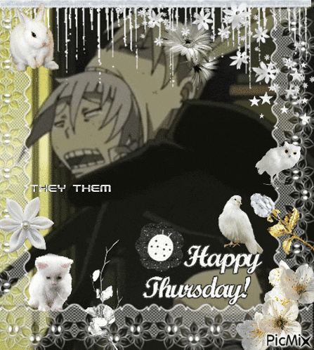 a happy thursday card with a picture of a man and flowers